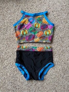 Perfect for Fall! Girls' Multicolor Pumpkin Print Two-Piece Set with Blue Trim